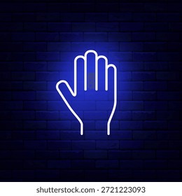 Mano humana en pose abierta icono de neón. Símbolo de voto. Cursor del ordenador. Personas Asistencia emblema. Letrero mínimo en la pared de ladrillo. Volante brillante. Trazo editable. Vector ilustración de stock