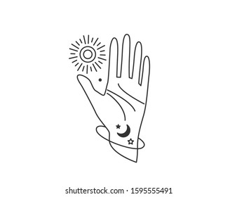 Human hand open in stop gesture reach out to sun, moon and star. Galaxy planet space concept design. Vector illustration in simple flat line style isolated on a white background.