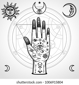Human hand painted with magic symbols. Alchemical circle of transformations. Signs of the moon and sun. Vector illustration isolated on a white background. Print, poster, t-shirt, card.