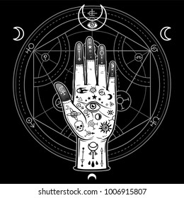 Human hand painted with magic symbols. Alchemical circle of transformations. Signs of the moon. Vector illustration isolated on a black background. Print, poster, t-shirt, card.