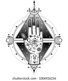 Human hand painted with magic symbols. Background - the star sky, sacred geometry, signs of the moon. Alchemy, esoteric, occultism. 
Vector illustration isolated. Print, poster, t-shirt, card.