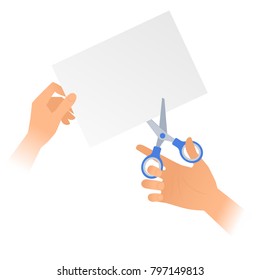 Human hand with a pair of scissors cuts off a piece of paper. Flat illustration of a steel office shears with plastic handles cutting up a paper sheet. Vector template isolated on white background.