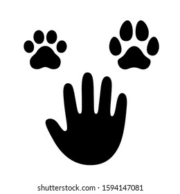 Palma de mano humana con símbolo de la huella de pata de perro y gato. Silueta simple de caricatura conjunto de iconos, elementos de diseño del logo. Ilustración de imagen de clip vectorial aislado en blanco y negro.