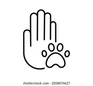 Human Hand Palm With Dog Or Cat Paw Print Symbol. Veterinary Pet Care, Shelter Adoption Or Animal Charity Design Element.
