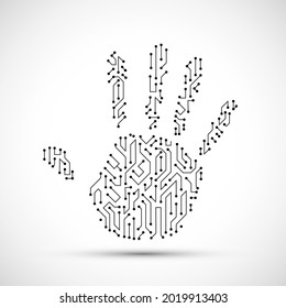 Human hand palm with electronic circuit pattern. Isolated on white background. Vector icon