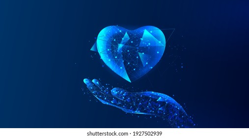 A Human Hand Or Palm Holds A Heart. Digital Image Of The Heart. Low Poly Blue. Polygonal Abstract Illustration Of The Technology. Digital Vector Illustration Of The World As A Starry One