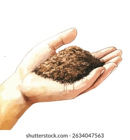 Uma mão humana, palma para cima, segura uma pilha de solo marrom escuro e rico. A ilustração tem uma aparência texturizada, semelhante a aquarela.