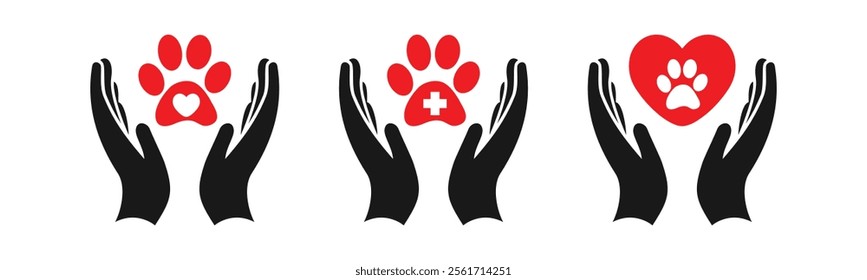 Human hand with paw first aid symbol, help and care for homeless pets vector icons