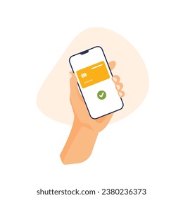 Human hand pay with mobile phone. Contactless payment. Mobile online banking app and electronic wallet. Finance vector illustration in a trendy flat style.