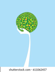 Human hand peacefully holding Earth on sky blue background. Conscious Our Planet saving concept