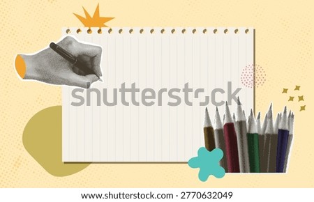 Human hand with pen write on paper art collage