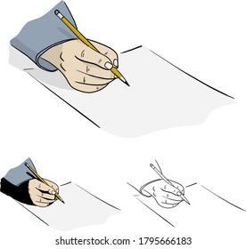 Human hand with pencil writing on blank paper vector illustration sketch doodle hand drawn with black lines isolated on white background