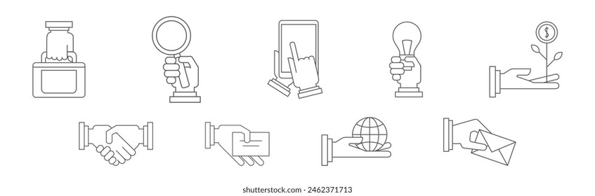 Human Hand Perform Different Action Line Vector Set