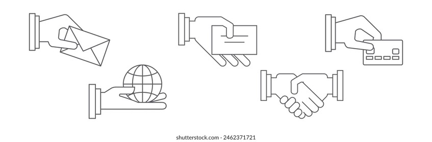 Human Hand Perform Different Action Line Vector Set