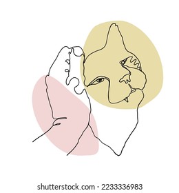 Human hand is petting cat single line drawing with abstract colorful shapes. Linear sketch of cat head. Stock vector illustration.