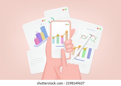 Human hand with a phone, documents, reports, and pen. Statistics, analytics, and report on the phone screen. Mobile services and applications for business and finance. 3d Vector illustration.