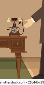 human hand picks up the phone to answer the call illustration in retro style 