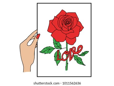 human hand picks red rose card with the word love, Valentine's day vector illustration