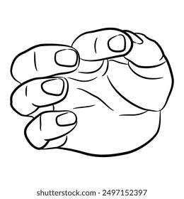 Human hand in pinch gesture. Front view. Cartoon style. Black and white linear silhouette.