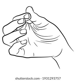 Human hand in pinch gesture. Palm with bent fingers. Black and white linear silhouette. Cartoon style.