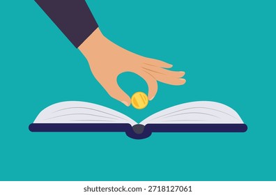 Mano humana colocando moneda en libro abierto. Símbolo de inversión en conocimiento, educación y crecimiento personal