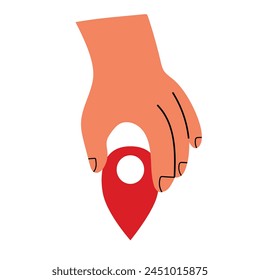 Human hand placing a geo tag, concept of direction, navigation. Hand drawn vector illustration in flat design, isolated on white