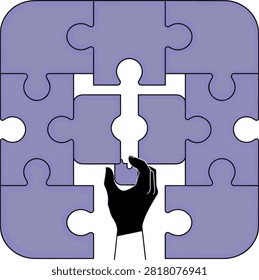 Human hand placing missing puzzle piece with solution completion strategy connecting integration teamwork challenge planning intelligence achievement illustration abstract matching