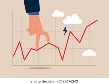 Mano humana planeando caminar en el gráfico de inversión riesgoso. Riesgo e incertidumbre, volatilidad de la inversión o mercado de valores y la fluctuación de la criptomoneda arriba y abajo, todo concepto de estrategia de Clima.