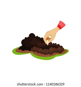 Human hand planting seed into soil. Pile of ground. Growing theme. Flat vector for infographic poster about plant cultivation