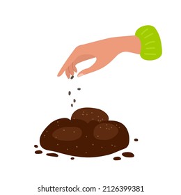 Human Hand Planting Seeds, Gardening, Farming, Growing Plants. Floristry And Gardening. Agricultural Plant. Person Scattering Seeds. Hand Dropping Seed Into Ground. Gardening Sign Design.