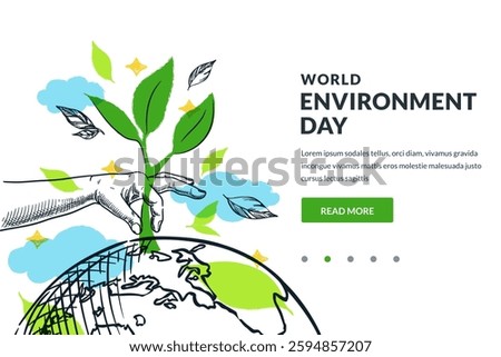 Human hand planting tree. Hand drawn vector sketch illustration of Earth planet surrounded by green leaves, plants and clouds. Environment Day, greening, ecology concept. Banner poster design template