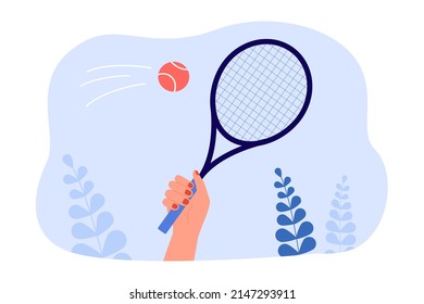 Human hand of player holding tennis racket. Person kicking flying ball, playing on court flat vector illustration. Sport game, recreation concept for banner, website design or landing web page