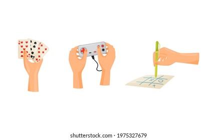 Human Hand Playing Card Game and Oughts and Crosses Vector Set