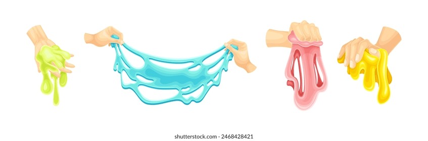 Human Hand Playing with Colorful Slime Toy Vector Set