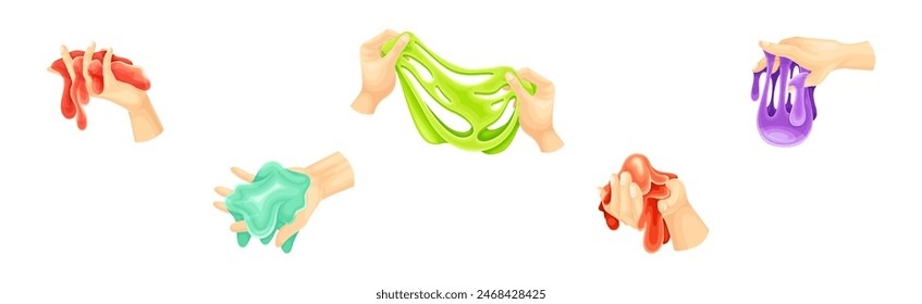 Human Hand Playing with Colorful Slime Toy Vector Set