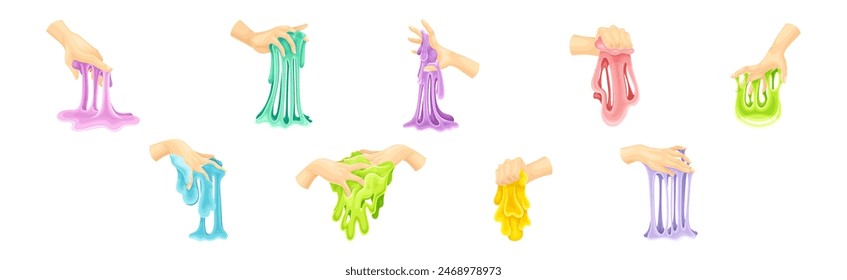 Human Hand Playing with Colorful Slime Toy Vector Set