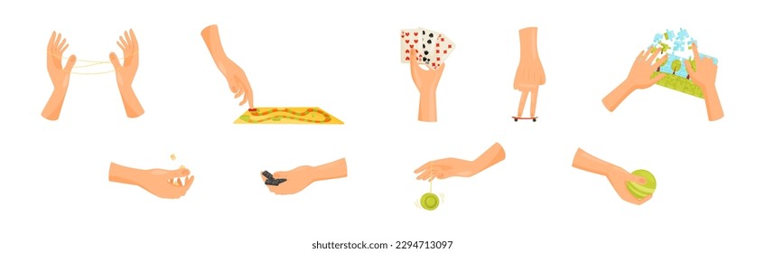 Human Hand Playing Different Game with Toys Vector Set