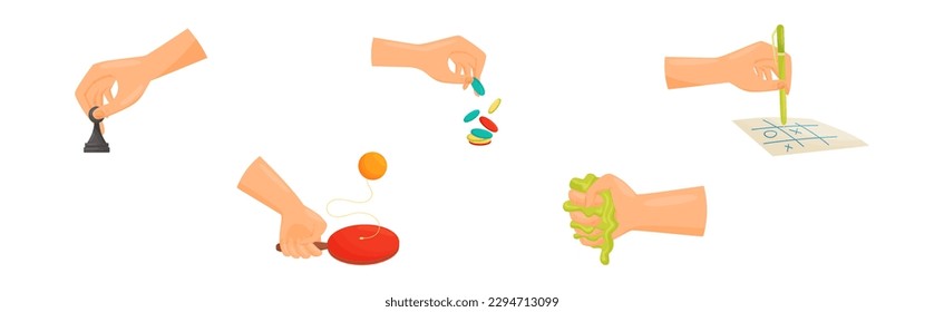Human Hand Playing Different Game with Toys Vector Set