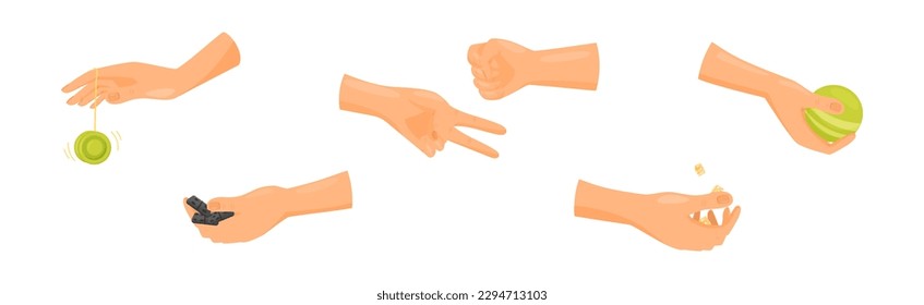 Human Hand Playing Different Game with Toys Vector Set