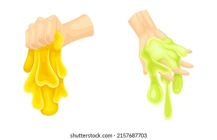 Juego de manos humanas jugando a las limas verdes y amarillas. Ilustración vectorial de chicle de mano líquida brillante pegajosa