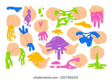 Human hand playing holding colorful antistress slime toy jelly substance isolated set on white background. Child arm squeezing mixing stretching homemade soft gummy material vector illustration