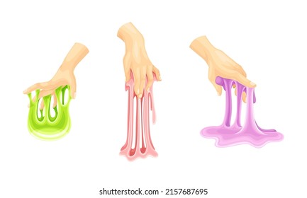 Die menschliche Hand spielt Slimes gesetzt. Farbige, flüssige Hand-Gummi-Cartoon, Vektorgrafik