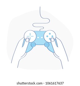 Human hand plays the video game icon. Gaming joystick, play symbol, gamepad, game console. Innovative digital input device. Flat Thin line vector illustration.