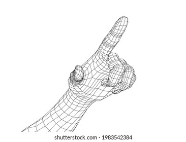 Human hand point with finger. Vector rendering of 3d. Wire-frame style