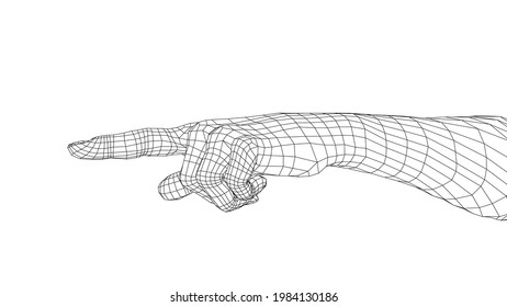 La mano humana apunta con el dedo. Representación vectorial de 3d. Estilo de trama