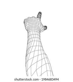 Die menschliche Hand zeigt mit dem Finger. Vektorgrafik von 3d. Wire-Frame-Stil