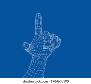 La mano humana apunta con el dedo. Representación vectorial de 3d. Estilo de trama