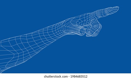Human hand point with finger. Vector rendering of 3d. Wire-frame style