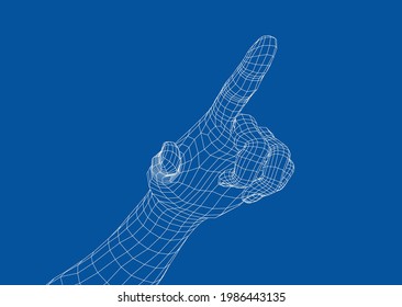 Human hand point with finger. Vector rendering of 3d. Wire-frame style