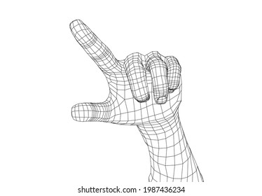 Human hand point with finger. Vector rendering of 3d. Wire-frame style